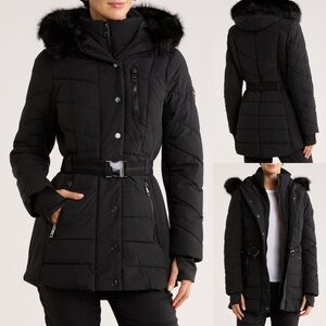 Michael Kors Faux Fur Trim Belted Hooded Puffer Jacket Coat Size 2X Black